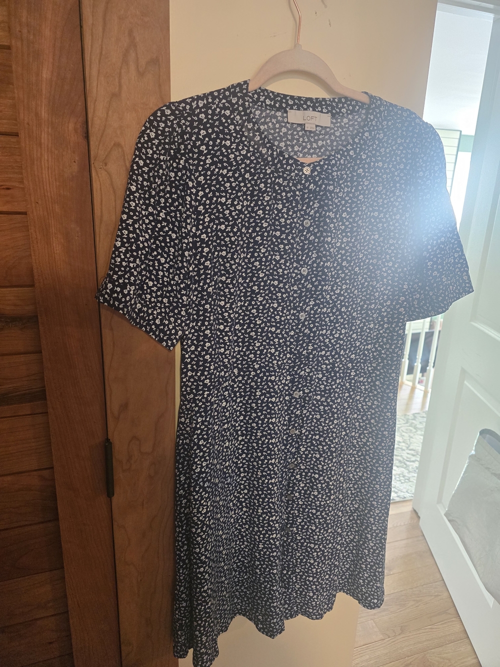 LOFT Navy and White Printed Short Sleeve Dress